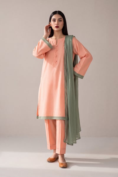 Riffat peach cotton 3 piece suit with sage lace, front view
