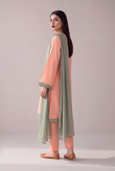 Riffat peach cotton 3 piece suit with sage lace, side view