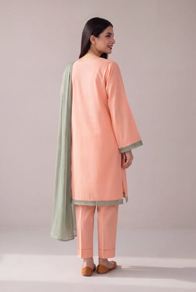 Riffat peach cotton 3 piece suit with sage lace, back view