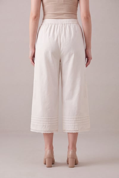 Ilia off-white cambric culottes trouser back view showing hem finish and lace trim