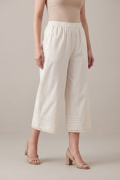 Ilia off-white cambric culottes trouser front view showing wide leg cut and pintucks