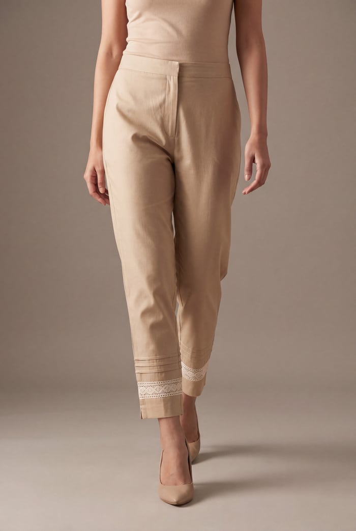 Zarain - Beige Lawn Cigarette Trouser with Pin-tucks