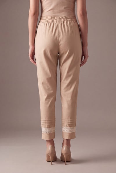 Zarain beige lawn cigarette trouser with pin-tucks and lace, back view