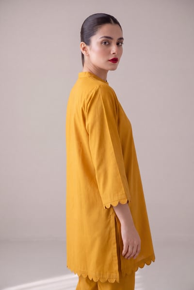 Nafa mustard cotton short tunic with wide sleeves, side view