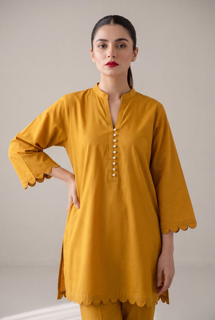 Nafa - Mustard Cotton Short Kurta with Scalloped Edge
