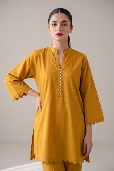 Nafa mustard cotton short kurta with scalloped hem and pearl buttons, front view
