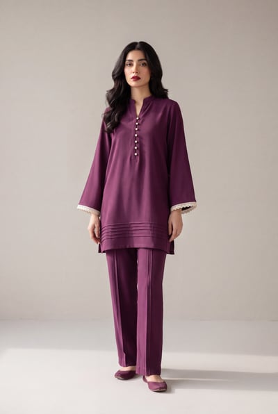 Rueya plum crepe co-ord set with pearl buttons, front full-length view