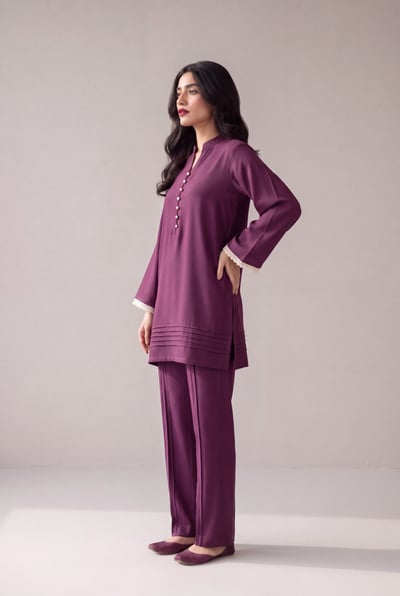 Rueya plum crepe co-ord set with pearl buttons, side profile view