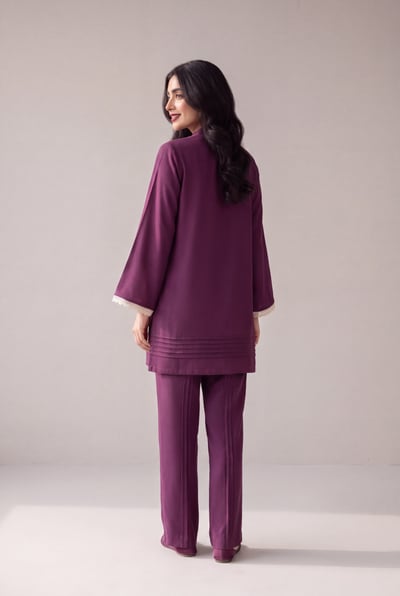 Rueya plum crepe co-ord set with pearl buttons, back view