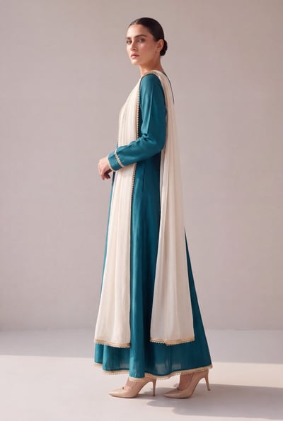 Nain in teal silk, side profile highlighting sleeve cuffs and chiffon dupatta