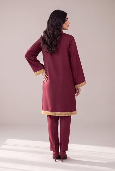 Aroush burgundy silk 2 piece suit with gold kiran trim, back view