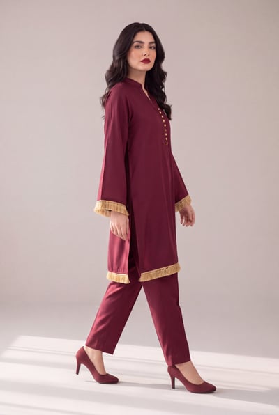 Aroush burgundy silk 2 piece suit with gold kiran trim, side view