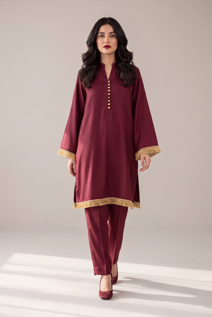 Aroush - Burgundy Silk 2 Piece Suit with Gold Kiran Trim