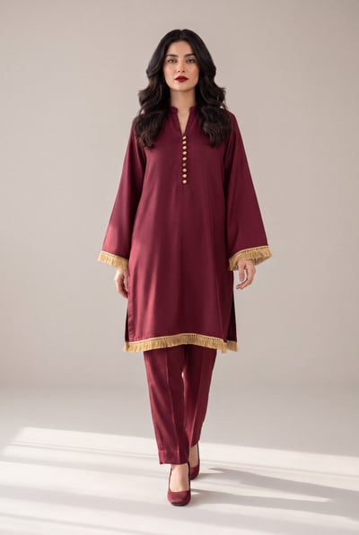 Aroush burgundy silk 2 piece suit with gold kiran trim, front view