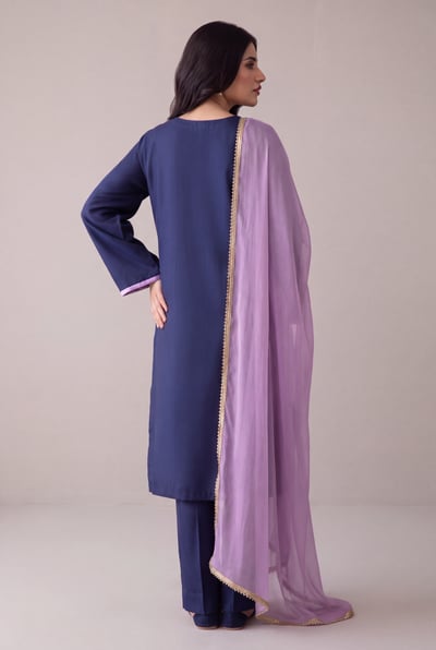 Ujala navy blue silk 3 piece suit, back view
