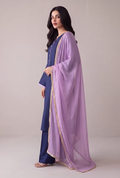 Ujala navy blue silk 3 piece suit, side view showing lilac piping details