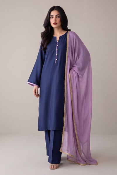Ujala navy blue silk 3 piece suit, front view