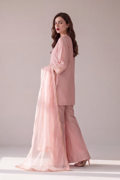 Side profile of Ruegul showing the flared raw silk sharara silhouette and sheer dupatta drape.