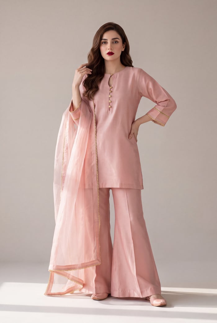 Ruegul - Blush Pink Raw Silk Sharara Suit with Kiran