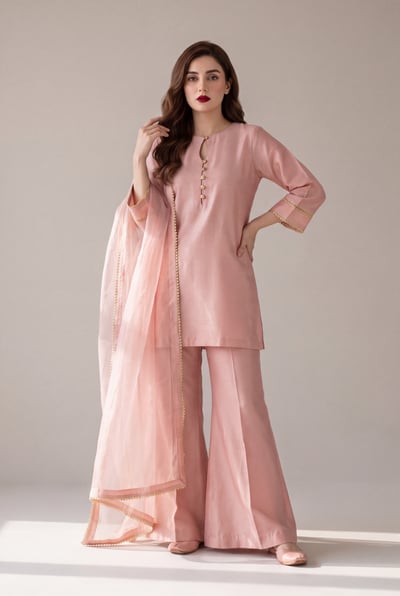 Front view of Ruegul featuring a short kameez, flared sharara pants, and a gold kiran organza dupatta.
