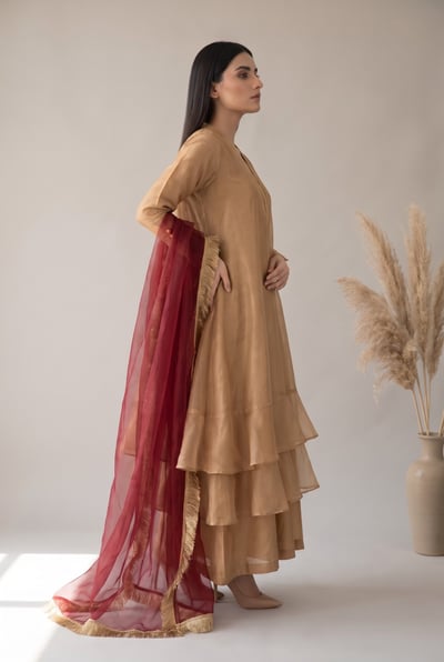 Mehak camel raw silk formal cape dress with maroon organza dupatta, side view