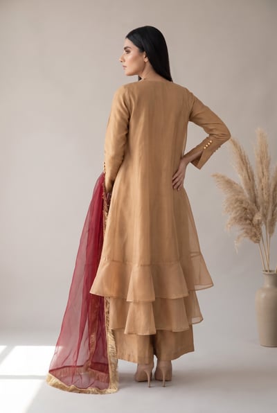 Mehak camel raw silk formal cape dress with maroon organza dupatta, back view