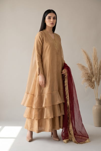 Mehak camel raw silk formal cape dress with maroon organza dupatta, front view