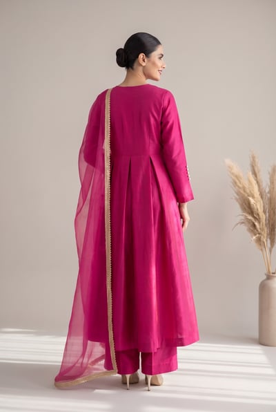Lina fuchsia raw silk cape maxi suit with gold kiran dupatta, back view