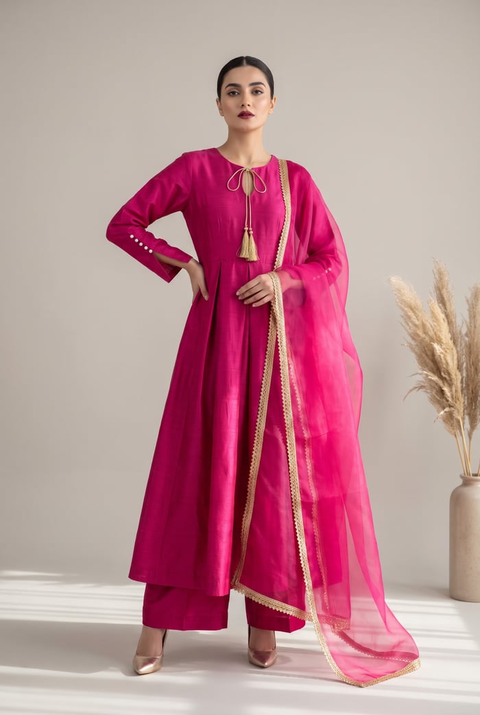 Lina - Fuchsia Raw Silk Formal Cape Maxi Suit