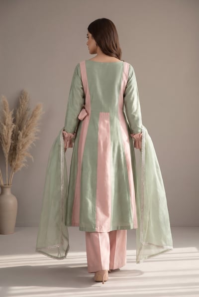 Gula raw silk color-block angrakha frock with bow, back view