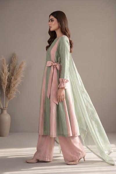 Gula sage and blush pink raw silk formal suit, side view