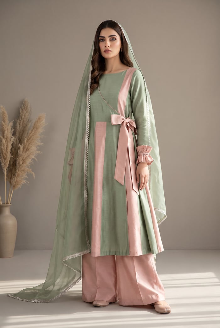 Gula - Sage & Blush Pink Raw Silk Angrakha Frock