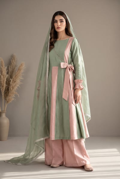 Gula sage and blush pink raw silk angrakha frock, front view