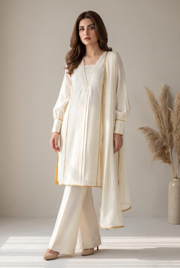 Jia - Ivory Silk 3 Piece Suit with Box Pleats