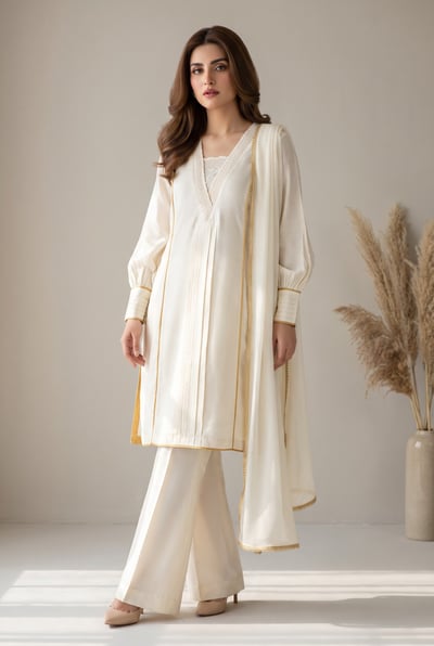 Jia ivory silk 3 piece suit with flared kalidar shirt and bell-bottom trouser, front view