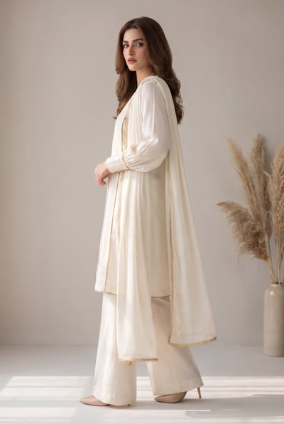 Jia ivory silk 3 piece suit with bishop sleeves and chiffon dupatta, side view