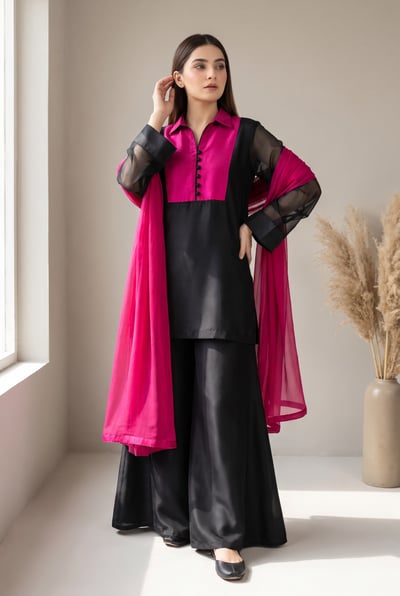 Ruhma black silk 3 piece suit with fuchsia yoke and sharara, front view