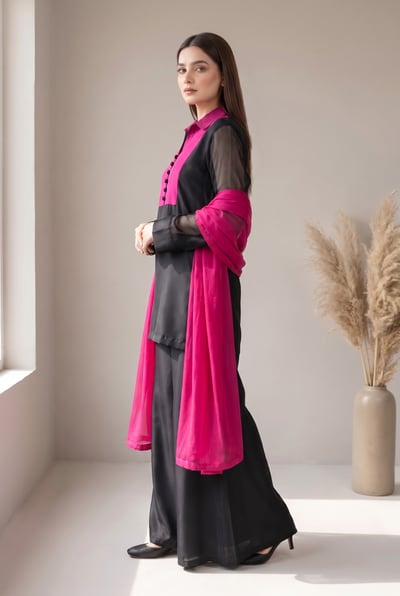 Ruhma black silk 3 piece suit with fuchsia yoke and sharara, side view