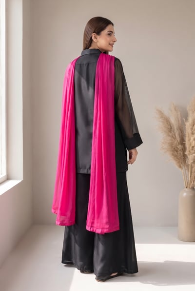 Ruhma black silk 3 piece suit with fuchsia yoke and sharara, back view